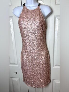 Belle BADGLEY MISCHKA Rebecca Sequin Dress Pale Pink Rose Gold Beaded Halter